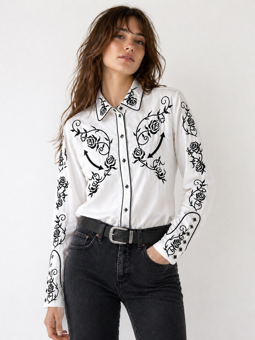 Vintage Scully Western Snap Button Shirt White Floral Embroidered Rodeo Top - S